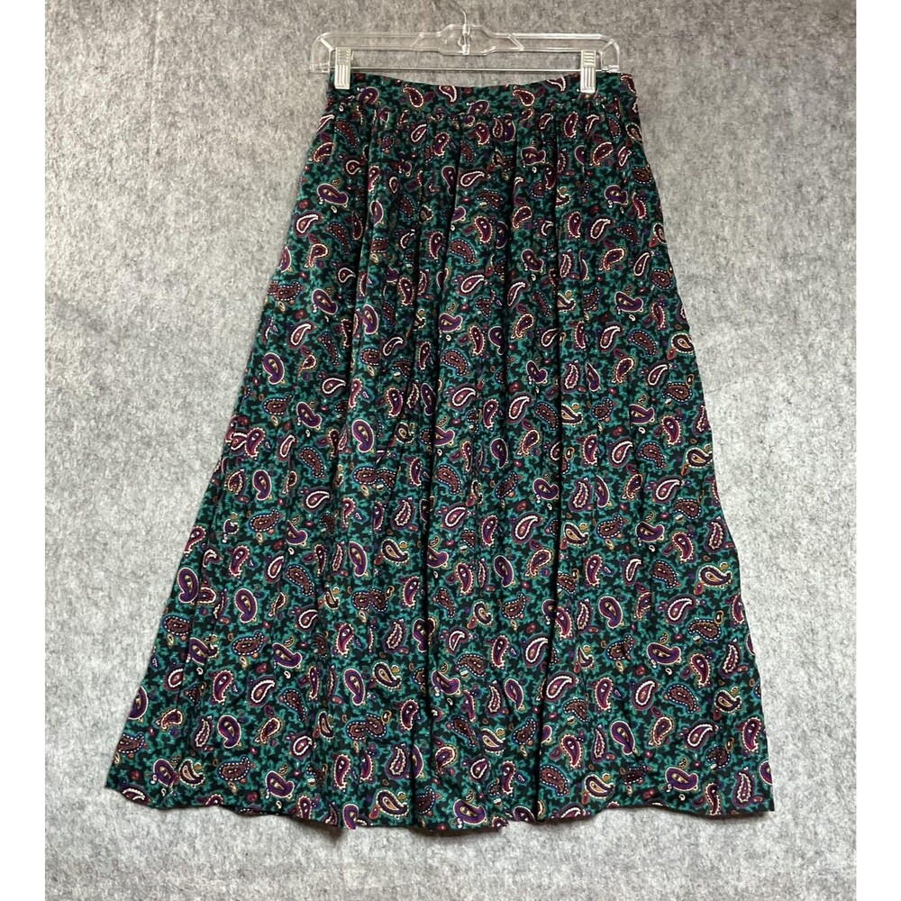 Vintage Skirt Womens Small Green Paisley Pockets Midi Cottage Prairie Boho USA